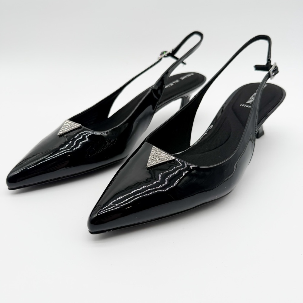 Anne Klein Iset Slingback Pointed Toe Kitten Heel Pumps Patent Black 11 NEW - Picture 2 of 15